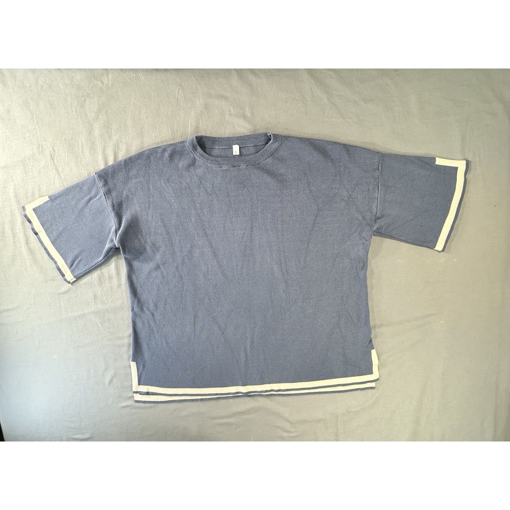 Slate Blue Short Sleeve Knit Shirt Casual Boxy Silhouette Womens Large